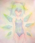  acrylic_paint_(medium) blue_eyes blue_hair bow cirno competition_school_swimsuit flat_chest graphite_(medium) hair_bow highres ice ice_wings one-piece_swimsuit school_swimsuit short_hair smile solo swimsuit touhou traditional_media watercolor_(medium) wings yuyu_(00365676) 