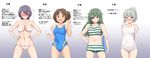  bandeau bifidus blush breasts brown_hair competition_swimsuit eyepatch green_hair grey_hair highres kantai_collection kiso_(kantai_collection) long_hair medium_breasts midriff multiple_girls nagara_(kantai_collection) navel one-piece_swimsuit open_mouth purple_hair short_hair striped striped_swimsuit swimsuit tenryuu_(kantai_collection) translated yellow_eyes yuubari_(kantai_collection) 