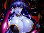  1girl bare_shoulders blue_hair blue_skin blush breasts cleavage curly_hair demon_girl elbow_gloves fingerless_gloves gloves glowing glowing_eyes horn huge_breasts lips long_hair ma_wo_youmu_joou nail_polish open_mouth pichipichi_garou_r pointy_ears purple_hair red_eyes solo 