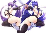 armpits ass bare_shoulders black_gloves black_legwear black_panties breasts character_name character_request cleavage commentary_request covered_nipples elbow_gloves gloves haganef hair_ribbon happy_birthday highres katana koubuin_yuuhi kunai large_breasts long_hair looking_at_viewer mitsurugi_meiya multiple_girls muvluv ninja open_mouth panties parody ponytail revealing_clothes ribbon sideboob smile sword taimanin_(series) taimanin_asagi thighhighs thong tied_hair twisted_torso underboob underwear very_long_hair weapon white_background 
