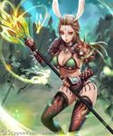  2girls animal_ears armor black_legwear breasts brown_eyes brown_hair bunny_ears cleavage cygames fingerless_gloves gloves highres lips long_hair looking_at_viewer monster_girl multiple_girls original polearm ryushin shingeki_no_bahamut sitting spear standing thighhighs weapon 