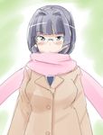  agenasu blue_eyes blue_hair blush breasts fusion glasses hirose_sumire looking_at_viewer matsumi_yuu medium_breasts saki shiraitodai_school_uniform solo winter_uniform 