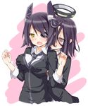  :d bad_id bad_pixiv_id blush breast_grab breasts eyepatch gloves grabbing grabbing_from_behind headgear highres kantai_collection large_breasts mechanical_halo multiple_girls necktie open_mouth plhsxf purple_eyes purple_hair school_uniform short_hair smile tatsuta_(kantai_collection) tears tenryuu_(kantai_collection) yellow_eyes yuri 