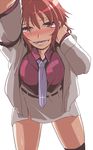  blush horikawa_raiko necktie plaid plaid_shirt purple_neckwear red_eyes red_hair shiba_yuuki shirt short_hair solo touhou 