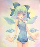  acrylic_paint_(medium) blue_eyes blue_hair bow cirno graphite_(medium) hair_bow highres ice ice_wings one-piece_swimsuit open_mouth school_swimsuit short_hair solo swimsuit touhou traditional_media watercolor_(medium) wings yuyu_(00365676) 