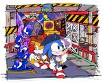  animal_ears bad_id bad_pixiv_id chiro_(pez777) fox_ears fox_tail furry gloves machinery multiple_boys robot shoes sneakers socks sonic sonic_the_hedgehog spiked_hair tail tails_(sonic) 