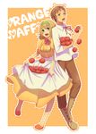  1girl apron axis_powers_hetalia belgium_(hetalia) blonde_hair blush bow brown_hair dress flower full_body green_eyes green_hairband hair_bow hair_ribbon hairband highres kisaragi_n long_dress ribbon short_hair smile spain_(hetalia) tomato waist_apron 