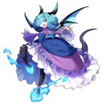  bat_wings dragalia_lost dress fang fire flower hair_over_eyes hairstyle_request horns leg_up non-web_source official_art one_eye_covered purple_dress rose silke_(dragalia_lost) tail wide_sleeves wings 