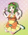  belt boots goggles goggles_on_head green_eyes green_hair gumi headphones headset kenno9mp40 kneeling open_mouth smile solo vocaloid wrist_cuffs 