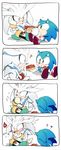  4koma ? animal_ears bad_id bad_pixiv_id blush boots bracelet chili chili_dog chiro_(pez777) comic eating fur gloves highres hot_dog indian_style jewelry multiple_boys orange_eyes sega shoes silver_the_hedgehog simple_background sitting sneakers sonic sonic_the_hedgehog spicy sweat translation_request white_background 