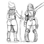  armor avian avian_(starbound) back_turned big_butt bottomless breasts butt donkey duo equine female fur gordonfreeguy invalid_tag mammal standing starbound sword tail_tuft tuft video_games weapon 