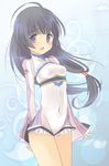  ahoge bad_id bad_pixiv_id black_hair blue_background covered_navel kohak_hearts long_hair low-tied_long_hair purple_eyes short_shorts shorts smile solo tales_of_(series) tales_of_hearts teu_(navy) 
