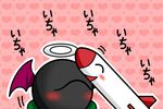  ^o^ bat_wings blush bomb closed_eyes evil_eye_sigma halo heart heart_background mikorika mimi-chan missile no_humans pink_background purple_wings simple_background smile torpedo touhou touhou_(pc-98) wings 