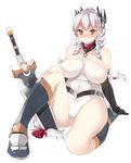  arm_support bad_id bad_pixiv_id bare_shoulders blush braid breasts elbow_gloves gloves kneehighs koba large_breasts light_valkyrie_(p&amp;d) long_hair o-ring o-ring_top puzzle_&amp;_dragons red_eyes silver_hair sitting solo sword tri_braids valkyrie_(p&amp;d) weapon 