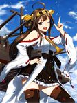  ;d bare_shoulders black_legwear blue_sky blush boots brown_hair cannon cloud confetti day detached_sleeves double_bun hair_ornament hairband hand_on_hip headgear index_finger_raised japanese_clothes kantai_collection kongou_(kantai_collection) long_hair nontraditional_miko one_eye_closed open_mouth ribbon-trimmed_sleeves ribbon_trim shin_(world_3000) silver_eyes skirt sky smile solo thigh_boots thighhighs turret 