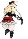  ahoge armor ass blonde_hair blue_eyes blush_stickers boots bow bravely_default:_flying_fairy bravely_default_(series) chibi edea_lee faulds from_behind hair_bow knee_boots long_hair pantyhose short_sleeves solo tsukudani_(coke-buta) 
