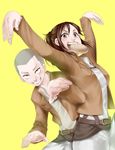  1girl arms_up belt bread brown_eyes brown_hair buzz_cut connie_springer food food_in_mouth grin highres jacket looking_at_viewer mouth_hold pose sasha_braus shingeki_no_kyojin smile wasabi_(legemd) yellow_background 