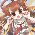  biyon brown_eyes brown_hair commentary fangs kantai_collection kuma_(kantai_collection) long_hair looking_at_viewer neckerchief open_mouth school_uniform serafuku shirt shorts solo very_long_hair 