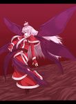  capelet crorom dress fingerless_gloves flying from_side fur_trim gloves hair_bobbles hair_ornament letterboxed long_sleeves multiple_wings profile red_dress red_gloves santa_costume shinki side_ponytail silver_hair touhou touhou_(pc-98) wings 