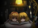  ? alice_margatroid blonde_hair blue_eyes book bookshelf box cardboard_box clip cup doll frown futon head_to_head headband indoors jar karioda kirisame_marisa lamp looking_at_another marker multiple_girls open_book open_mouth pillow pocket_watch pointing reading short_hair sideways_glance star suitcase touhou under_covers watch window yellow_eyes 