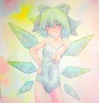  acrylic_paint_(medium) blue_eyes blue_hair bow cirno graphite_(medium) hair_bow highres ice ice_wings lips one-piece_swimsuit pointing pointing_at_viewer school_swimsuit short_hair smile solo swimsuit touhou traditional_media watercolor_(medium) wings yuyu_(00365676) 