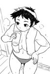  bottle breasts cleavage drinking greyscale hand_on_hip large_breasts makoto_(street_fighter) monochrome navel panties short_hair solo street_fighter sweat toned topless towel towel_around_neck tsukudani_(coke-buta) underwear water_bottle 