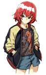  bad_id bad_pixiv_id hands_in_pockets idolmaster idolmaster_cinderella_girls jacket letterman_jacket murakami_tomoe open_clothes open_jacket print_shirt red_hair shiba_itsuki shirt short_hair simple_background sleeves_pushed_up solo white_background 