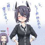  :3 :d ^_^ blush blush_stickers breasts checkered checkered_background checkered_neckwear chestnut_mouth closed_eyes eyepatch hands_on_hips happy headgear heart kantai_collection mechanical_halo medium_breasts multiple_girls necktie nose_blush open_mouth purple_hair school_uniform short_hair smile spoken_heart tatsuta_(kantai_collection) tenryuu_(kantai_collection) translated tsundere ukami 
