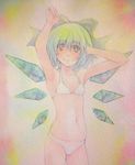  :3 acrylic_paint_(medium) arms_up bikini blue_eyes blue_hair bow cirno collarbone flat_chest graphite_(medium) hair_bow hand_in_hair highres ice ice_wings navel short_hair simple_background smile solo swimsuit touhou traditional_media watercolor_(medium) white_bikini wings yuyu_(00365676) 