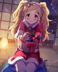  blonde_hair blush christmas earrings emily_stewart gift giving hairband idolmaster idolmaster_million_live! incoming_gift jewelry kneeling lens_flare long_hair looking_at_viewer official_art purple_eyes santa_costume solo sparkle twintails 