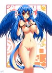  1girl blue_hair blush breast_suppress breasts emperpep female long_hair looking_at_viewer navel nipples nude open_mouth pointy_ears pussy red_eyes solo standing tail uncensored wings 