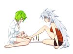  arin66 bare_legs bare_shoulders barefoot bike_shorts blazblue blush breasts cleavage closed_eyes dress_shirt feet full_body genderswap genderswap_(mtf) green_eyes green_hair hands_on_feet hazama long_hair medium_breasts multiple_girls nail_polish nail_polish_bottle open_mouth painting_nails pedicure ragna_the_bloodedge shirt short_hair shorts silver_hair simple_background sitting smile toenail_polish wariza white_background 