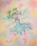  acrylic_paint_(medium) barefoot blue_eyes blue_hair bow cirno dress graphite_(medium) hair_bow highres ice ice_wings open_mouth short_hair solo teeth touhou traditional_media watercolor_(medium) wings yuyu_(00365676) 
