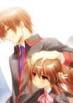  1girl bell blush brown_hair hair_bell hair_ornament jpeg_artifacts little_busters! long_hair natsume_kyousuke natsume_rin petting ponytail pout red_eyes ribbon school_uniform short_hair smile zen 