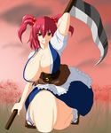  1girl breasts female hair_bobbles hair_ornament highres huge_breasts japanese_clothes kneeling long_skirt onozuka_komachi pepo_(absolute1123) red_eyes red_hair sandals scythe short_hair short_twintails skirt socks solo thighs touhou twintails weapon 