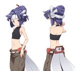  akatsuki_(log_horizon) alternate_hairstyle armpits flat_chest groin kanami_yuu log_horizon long_hair looking_at_viewer midriff navel petite ponytail purple_eyes purple_hair sleeveless sleeveless_turtleneck solo turtleneck 