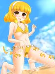  1girl artist_request beach bikini blonde_hair brown_eyes embarrassed flat_chest humiliation katsuragi_niya kise_yayoi peeing peeing_self precure pussy short_hair smile_precure! solo swimsuit tears trembling 