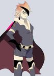  1girl belt blue_eyes cape domino_mask female genderswap gloves hand_on_hip mask one_piece roco64 scar short_hair solo standing thighhighs x_drake 