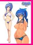  aqua_eyes areolae bare_shoulders barefoot bikini blue_hair breasts cameltoe criss-cross_halter drill_hair feet halter_top halterneck hands_on_hips highres large_breasts legs long_hair looking_at_viewer mole navel nightmare_express nipples ponytail shimano_natsume simple_background smile solo standing swimsuit thighs toes umi_monogatari warin 