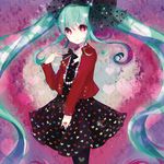  green_hair hatsune_miku heart heart-shaped_pupils long_hair pantyhose red_eyes skirt smile solo symbol-shaped_pupils tomoya_(artist) twintails very_long_hair vocaloid 