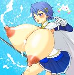  1girl blue_eyes blue_hair blush breast_expansion breasts breasts_outside dress female gigantic_breasts kyubey lactation mahou_shoujo_madoka_magica miki_sayaka misochige nipples open_mouth shaft short_hair standing sword tongue tongue_out weapon wink 