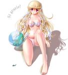  ball beachball bikini blonde_hair clarissa_satsuki_maezono hairband highres honeycoming_royalsweet italian long_hair md5_mismatch miharin red_eyes solo swimsuit translated 