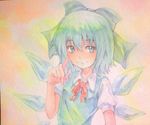  acrylic_paint_(medium) blue_eyes blue_hair bow cirno graphite_(medium) hair_bow highres ice ice_wings pointing pointing_up short_hair solo touhou traditional_media watercolor_(medium) wings yuyu_(00365676) 