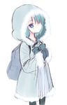  aqua_hair backpack bad_id bad_pixiv_id bag blue_eyes bow dress fur-trimmed_jacket fur_trim gloves hair_over_one_eye hood hoodie jacket kiira original pantyhose solo standing 