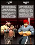  3d abs anthro bear beard biceps biography black_hair braford chubby clothing comic cover duo facial_hair fangs feline fur gay gloves grin hair justin_(braford) lion looking_at_viewer male mammal musclegut muscles nipples open_shirt pants pecs pole ponytail pose red_hair sarge_(braford) shirt shirt_lift smile standing teeth text toned torn_clothing undressing 