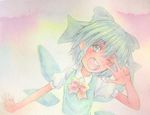  :d acrylic_paint_(medium) blue_eyes blue_hair bow cirno graphite_(medium) hair_bow ice ice_wings one_eye_closed open_mouth short_hair smile solo teeth touhou traditional_media v v_over_eye watercolor_(medium) wings yuyu_(00365676) 