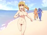  1girl areolae beach blonde_hair blush bouncing_breasts breasts cloud clouds highres large_breasts legs long_hair looking_at_viewer mask nightmare_express nipples nude ocean open_mouth ponytail pubic_hair running sand shimano_natsume sky tears thighs uncensored water yellow_eyes 