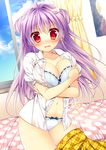  :3 bad_id bad_pixiv_id bed blush bra breasts cat_hair_ornament cleavage d: double_bun full-face_blush hair_ornament large_breasts long_hair minatsuki_alumi open_clothes open_mouth open_shirt original panties plaid plaid_skirt purple_hair red_eyes ribbon-trimmed_underwear ribbon_trim shirt skirt skirt_pull solo underwear undressing white_bra white_panties window 