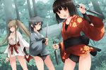  :d akemiho_tabi_nikki black_eyes black_hair bra bridal_gauntlets brown_hair forest fukube_fuuna fukube_tamaki hair_ribbon japanese_clothes kimono kouno_hikaru kunai leotard long_hair multiple_girls nature ninja ninjatou obi open_mouth red_eyes ribbon sash short_hair short_kimono smile togakushi_tsukiho twintails underwear weapon 