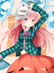  absurdres fan folding_fan fox_mask hannya hata_no_kokoro highres long_hair long_sleeves looking_at_viewer mask minamina oni_mask open_mouth pink_eyes pink_hair plaid plaid_shirt shirt solo touhou 